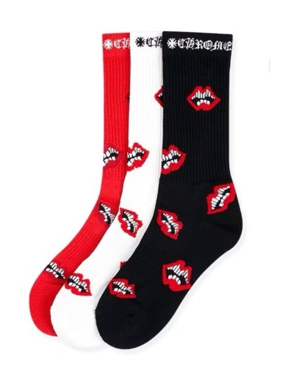 3-Pack Chompers Chrome Hearts Print Crew Socks - Black, Red, White